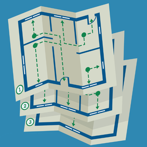 Illustration of a home fire escape plan with marked exits and evacuation routes