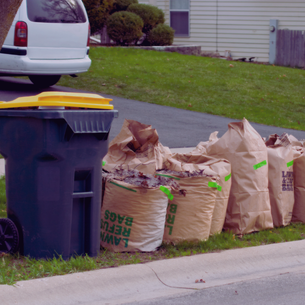 Yard waste bags and a bin placed at the curb for collection