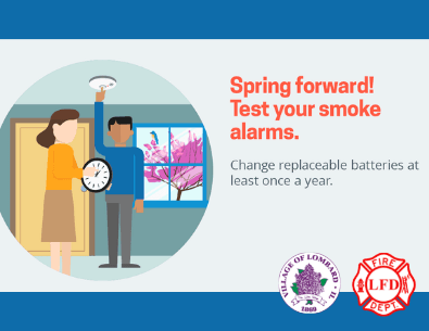 Spring Forward graphic with two illustrated people in a home testing smoke alarm
