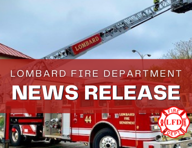 Lombard fire engine with ladder in background with press release text 