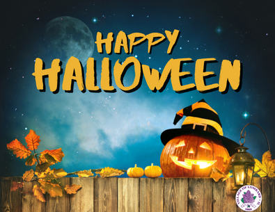 Happy Halloween text with night sky and jack-o-lantern on brown fence