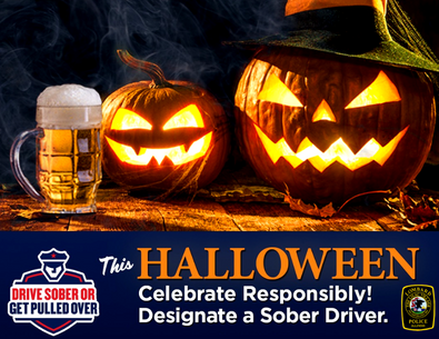 two carved jack-o-lanterns with beer in glass mug and text