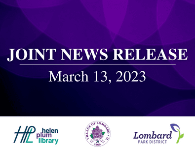 purple graphic with three logos for library, park district and village