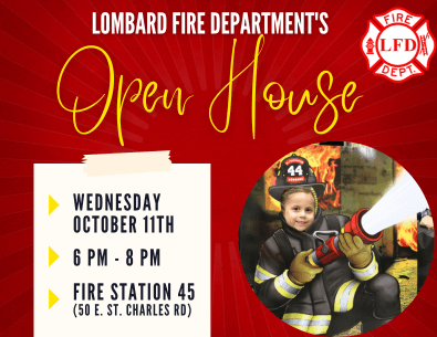 LFD Open House graphic with event details and photo of child in firefighter gear with spraying hose