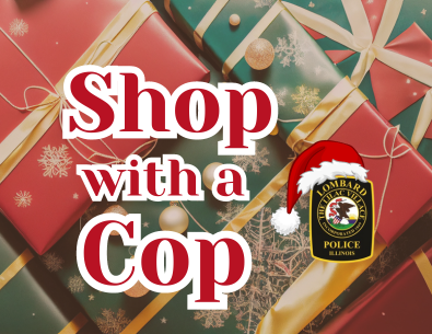 Shop with a cop text over wrapping paper background 