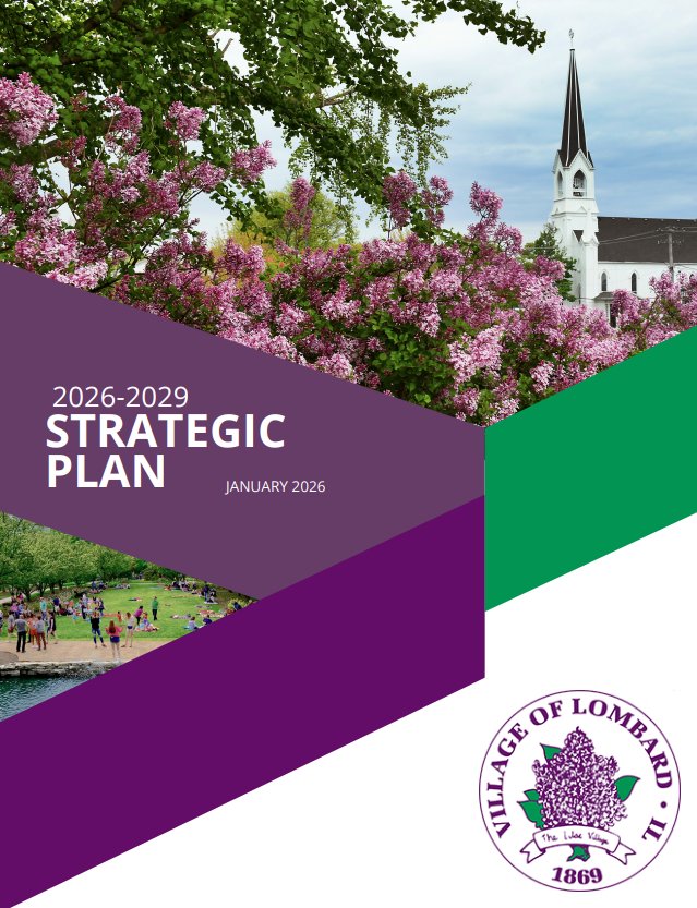 Cover of the Village of Lombard 2026–2029 Strategic Plan, dated January 2026, featuring lilac blooms