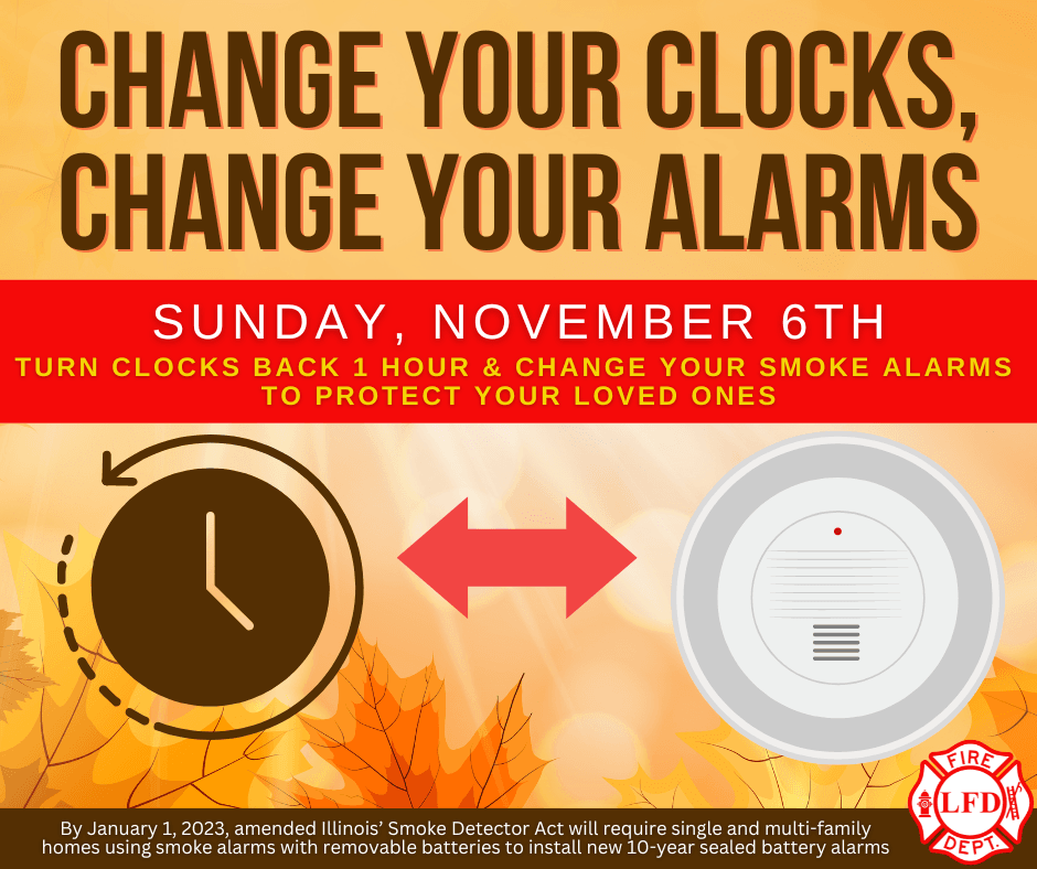 Change Clocks and Alarms graphic with fall colors and clock and smoke alarm graphics
