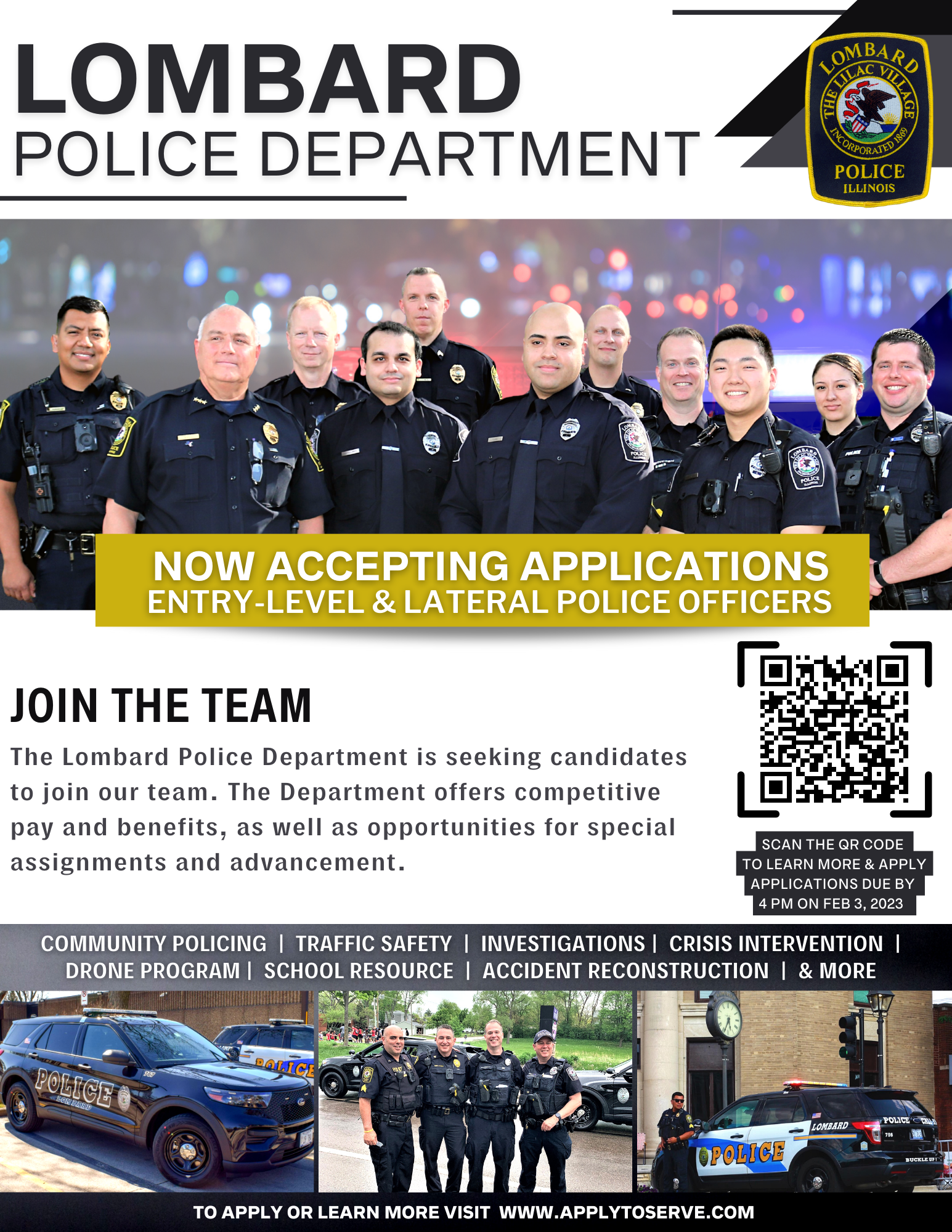 Lombard Police recruitment flyer with information