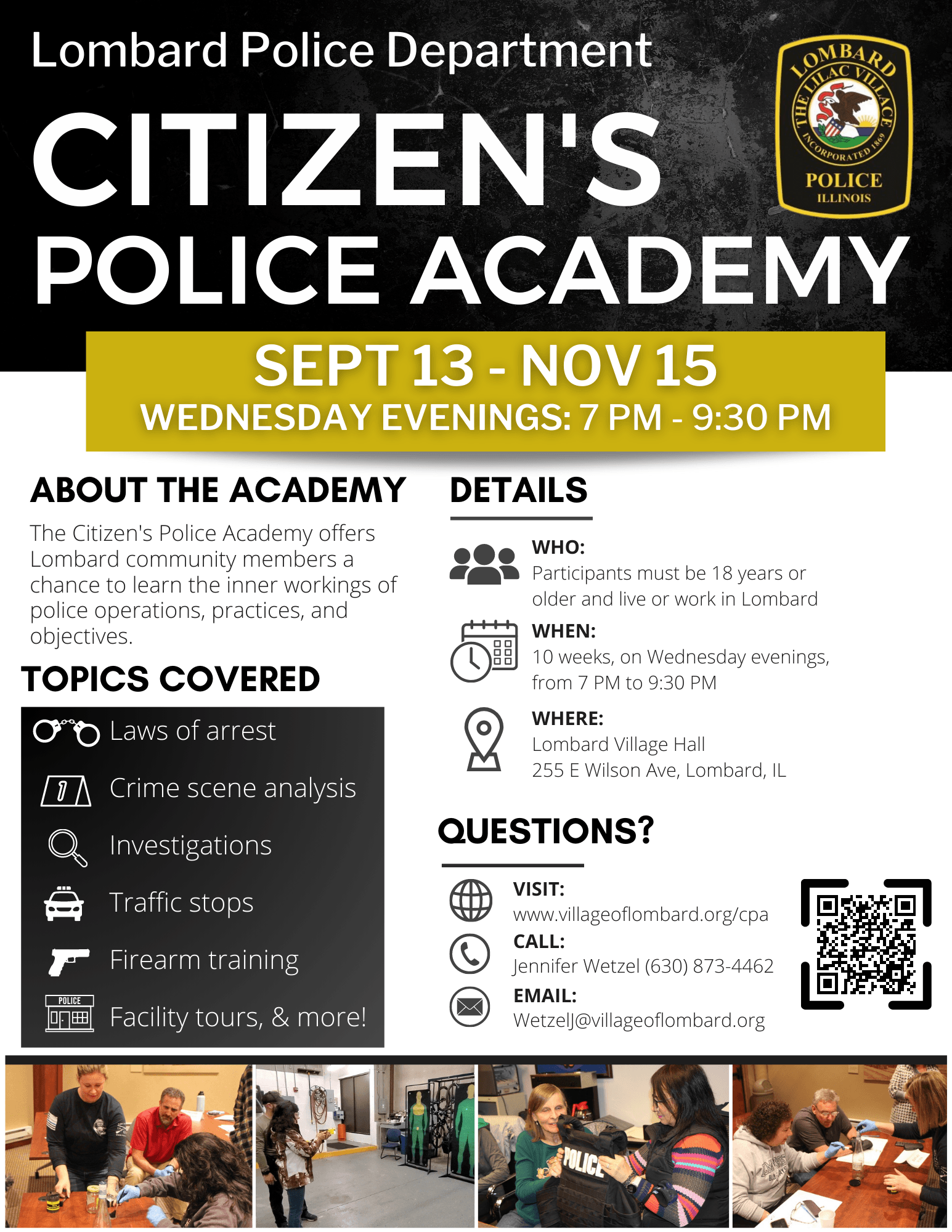 Lombard Police Academy Flyer with details and photo collage of past participants 