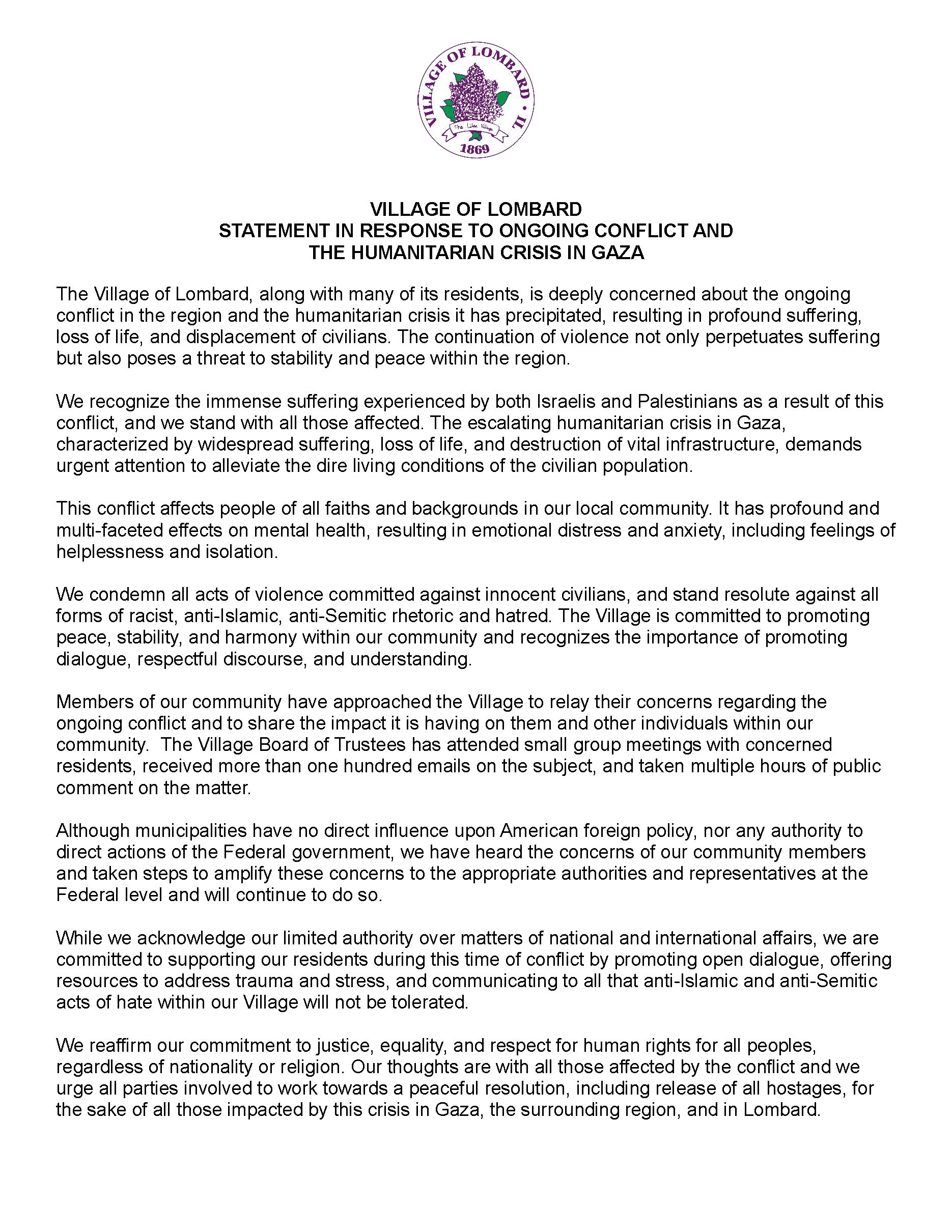 Image of Village Statement Regarding Humanitarian Crisis in Gaza 